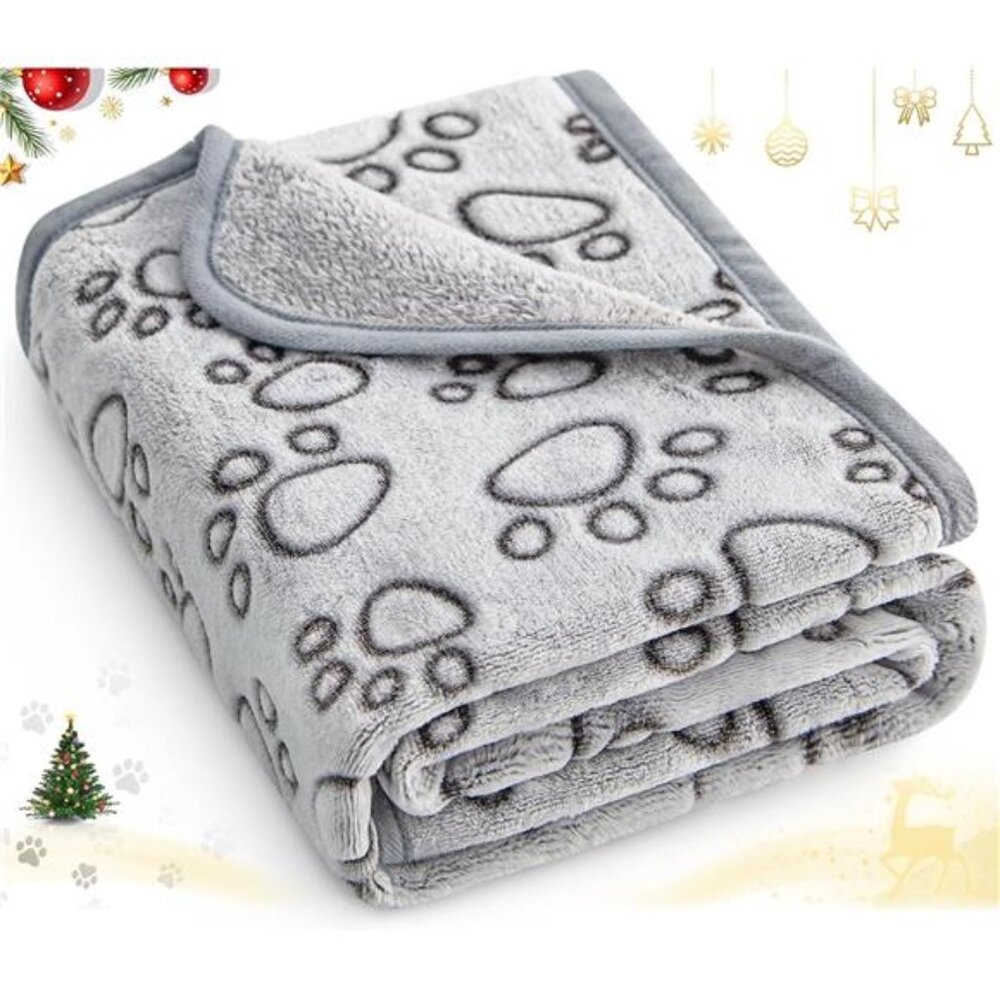Soft Dog Blanket Washable Puppy Cat Blanket Couch Crate Bed Car Paw Print Grey